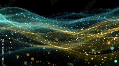 Ethereal Blue and Green Waves with Sparkling Gold Particles