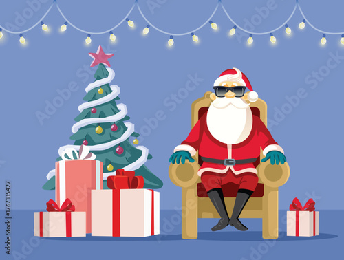 Santa Sitting on a Chair Next to the Christmas Tree. Santa claus waiting seated on an armchair being cool and modern 
