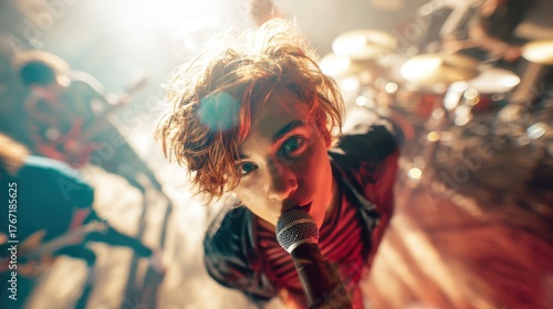 Energetic Lead Singer in Stylish Portrait at Rock Performance