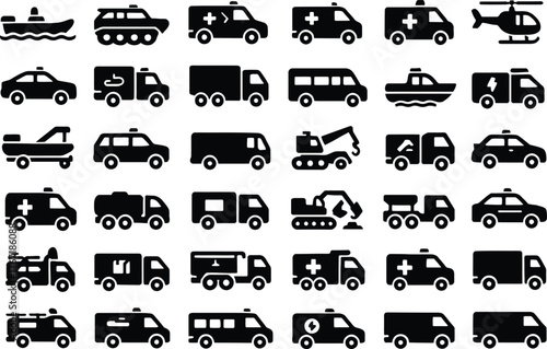 30 Flood Relief Vehicle Icons Solid Black Vector Silhouette Set on White Background