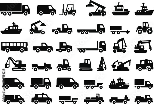 30 Custom and Port Vehicle Icons Solid Black Vector Silhouette Set on White Background