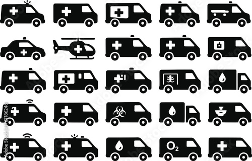 25 Medical Vehicle Icons Solid Black Vector Silhouette Set on White Background