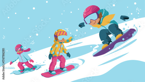 A vibrant cartoon illustration of three snowboarders on a snowy slope