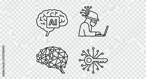 Vector illustration of illustration set depicting artificial intelligence concepts, including ai brain, hacker, polygonal brain, and security key, representing technology and innovation