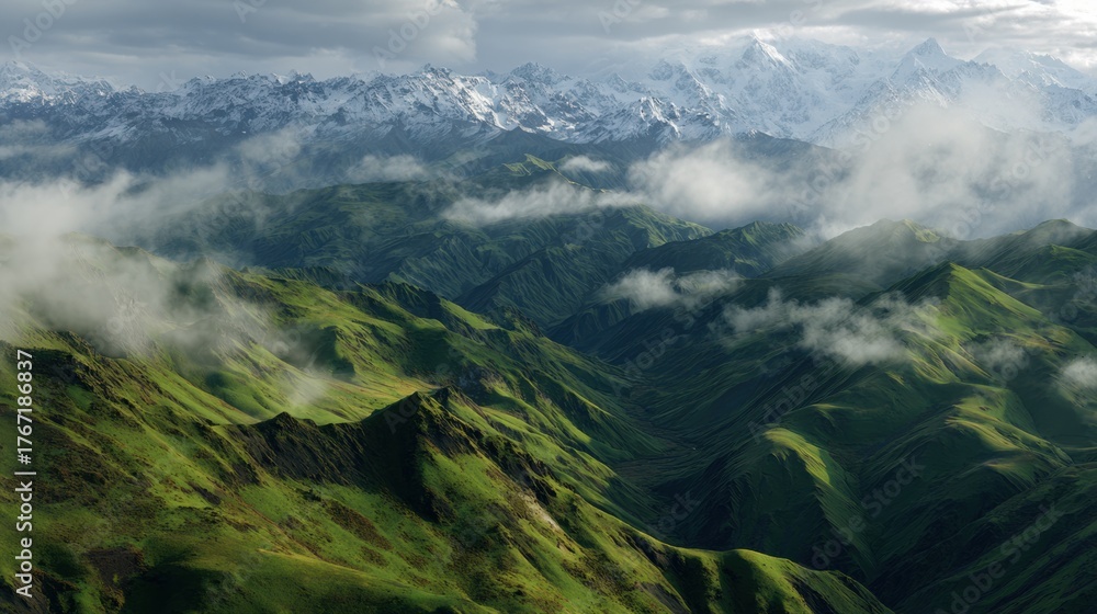 Obraz premium Majestic mountain range overlooking lush green valley aerial view nature photography serene environment