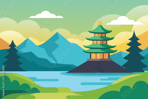 Vector art of scenic view of a japanese pagoda nestled amidst mountains and serene waterscape