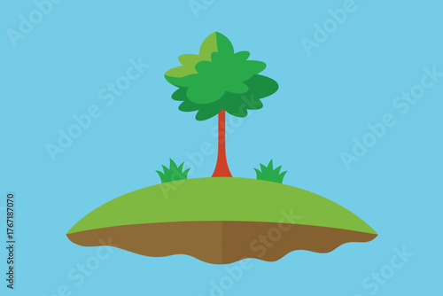 Vector art of floating island with a tree and bushes in a blue sky, a peaceful landscape