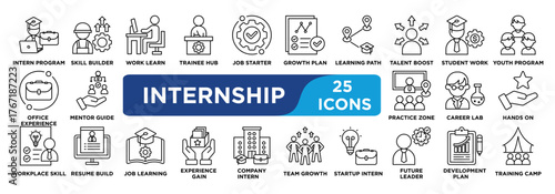 internship icon collection set. Containing intern program, skill builder, work learn, trainee hub, job starter icon. simple line vector.	