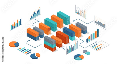 Infographic illustration of business data visualization with graphs and charts in orange, blue, and gray on a white background.