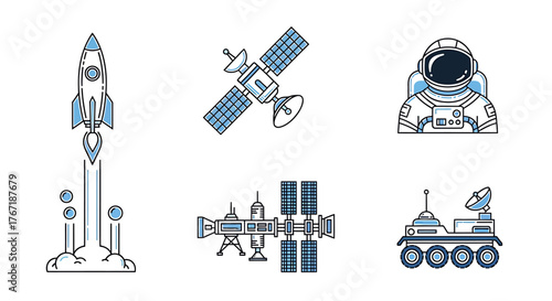 A collection of six flat design icons representing space exploration and technology, including a rocket launch, satellite, astronaut, space station, and rover.
