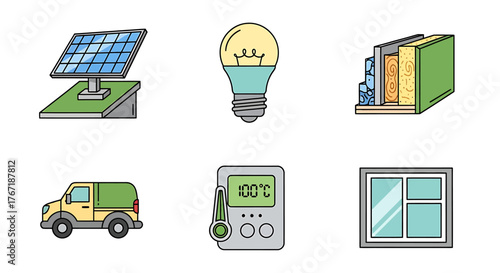 Collection of icons representing sustainable energy, efficiency, and eco-friendly solutions.