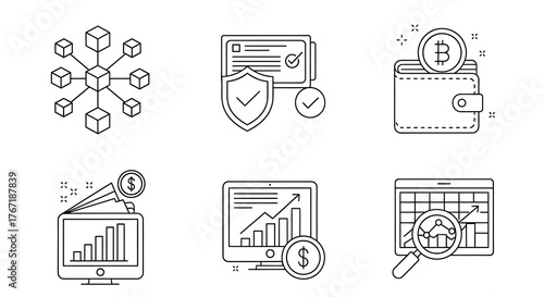Collection of blockchain, security, wallet, finance, and analysis icons for digital concepts.