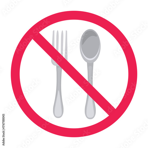 No eating sign, no eat vector sign, forbidden sign with spoon and fork icon, no food allowed symbol, red crossed circle symbol, flat vector illustration