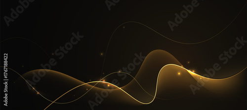 Abstract Golden Glow Curve Lines on Black Background with Luxury Light Effect
