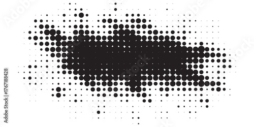 Abstract black halftone banner with a distressed grunge dot pattern effect.