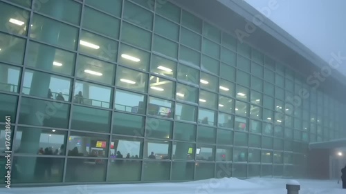 Modern building exterior with large windows and people inside in winter