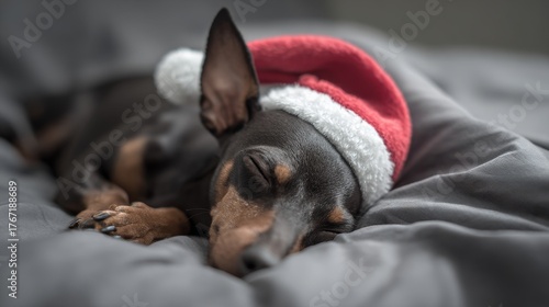 Cute miniature pinscher dog wearing Santa Claus hat curled up sleeping on gray bed in bright bedroom during daytime, cozy winter holidays, peaceful festive atmosphere, love and comfort