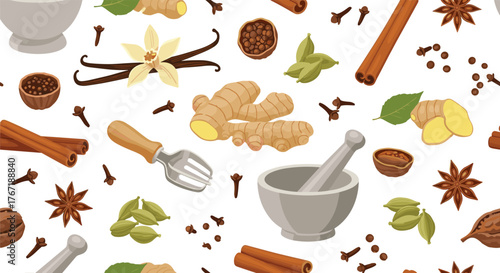 Spice market design elements arranged in a seamless pattern on white background, perfect for culinary and herbal themes.
