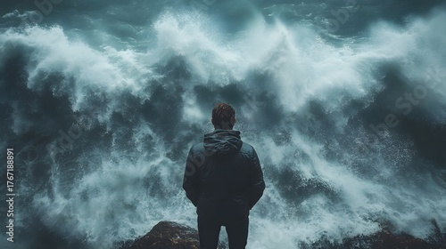 Person contemplates the powerful ocean. Rugged coast and stormy waves create a dramatic scene. Inspires reflection and resilience against nature's overwhelming force. Overcoming challenges.