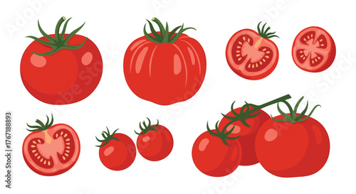 Collection of ripe red tomatoes and tomato slices on a white background close up, ready for eating.