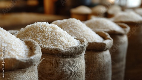 several gunny sacks filled with white rice