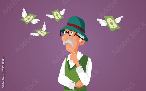 Stressed Grandpa Thinking About Inflation Vector Cartoon. Unhappy retiree seeing his pension diminished by the raises of prices 