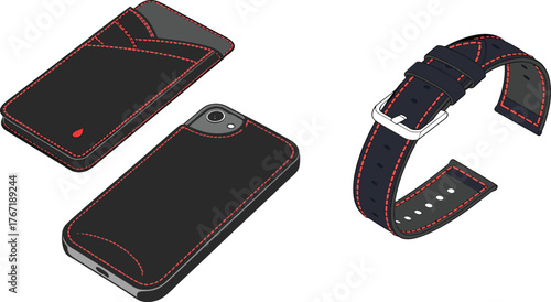 Modern black leather smartphone case and watch strap accessories for mobile devices and fashion