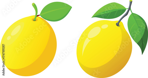 Two bright yellow lemons with green leaves showcase vibrant citrus fruit freshness and natural beauty perfect for healthy eating themes