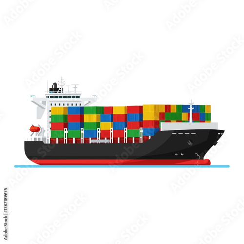 Container ship with colorful cargo containers on the open sea