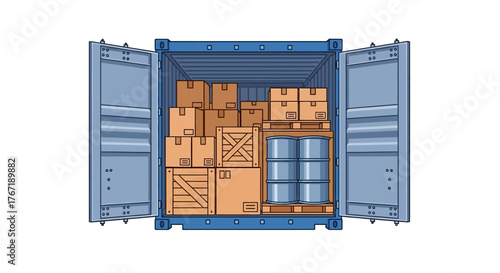 Overhead view of an open blue shipping container filled with stacked cardboard boxes and barrels
