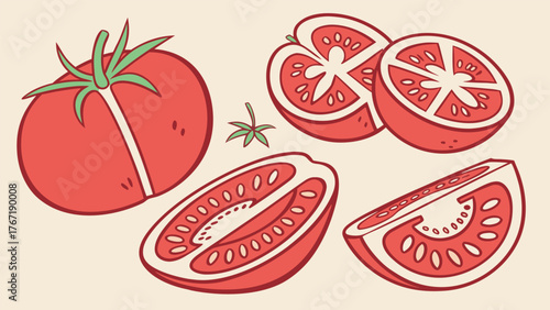 A stylized cartoon image of tomatoes includes one whole tomato with a green stem, three sliced halves showing seeds and pulp, and a separate small stem, all in bold red and green tones.