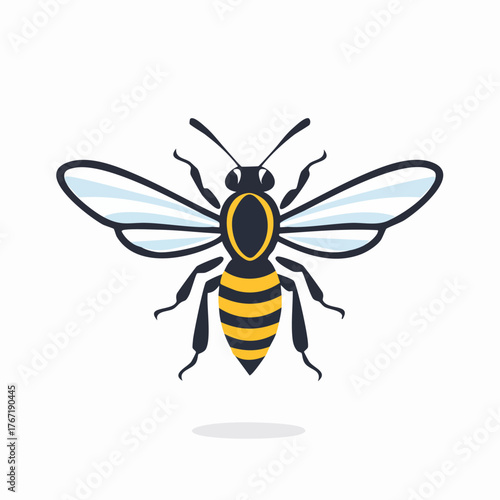 Detailed illustration of a flying bee with striped body and wings.