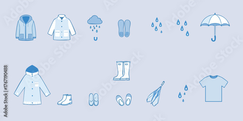 Cartoon illustration of rainy weather apparel and accessories on a light blue background