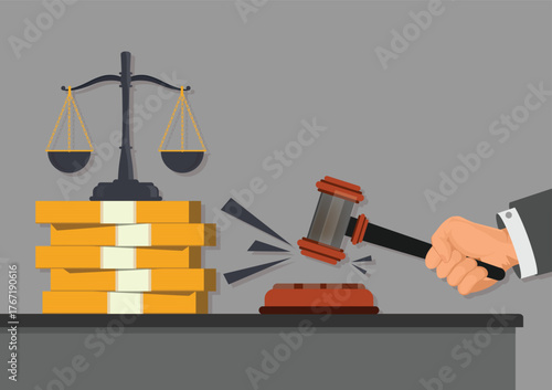 Judge holding a gavel and scales with money on the table.