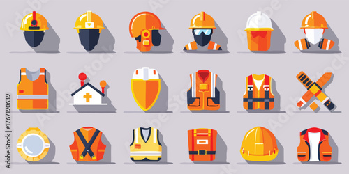 Construction  safety icons helmets vests tools  signage