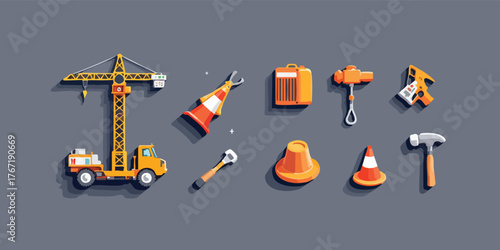 Construction vehiclestools are displayed on a gray background
