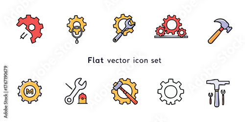 Flat vector icons with gears wrenches and hammers in varying styles and colors are arranged in two rows