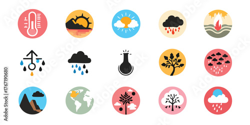 Fifteen circular icons depicting different climate change effects