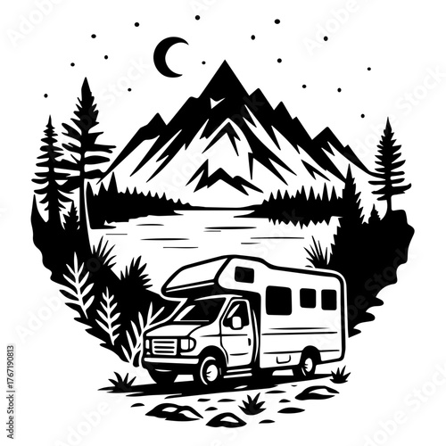 Black and white vector illustration of a camper van by mountains and forest at night. Minimalist travel scene for cutting, printing, and outdoor designs.