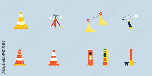 Illustration of construction tools cones hammers flags and more