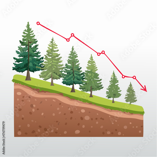 Pine Tree Forest Decline Illustrated with a Downward Trend Graph Line