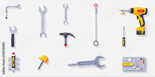 Tools scatter wrenches screwdriver drill screw and a hammer