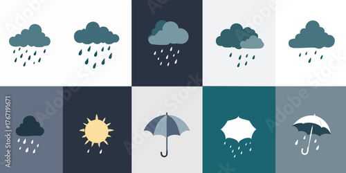 Weather icons depicting rain sun and umbrellas arranged in a grid pattern