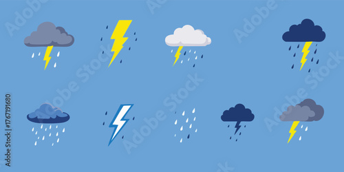 Weather icons showcase clouds lightning and rain against a blue background