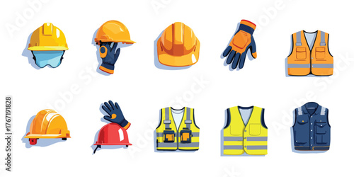 Worksite safety gear displayed hard hats gloves safety vests a blue jacket