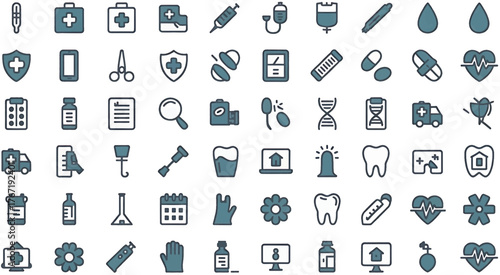 Healthcare equipment medical icons set line fill. Vector illustration