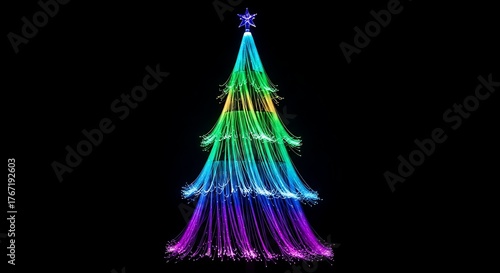 Fiber optic christmas tree glowing with vibrant rainbow colors against a black background display