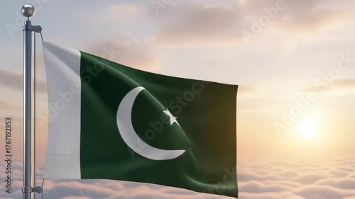 National flag of pakistan nation waving on the wind with a beautiful sunset on the background, banner of the country