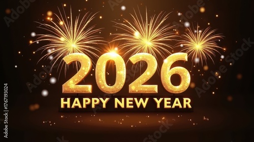 Golden 2026 happy new year text with fireworks and bokeh