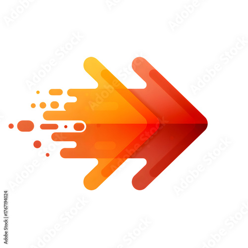 Dynamic fiery orange arrow blending into speed streaks forward motion isolated on transparent background